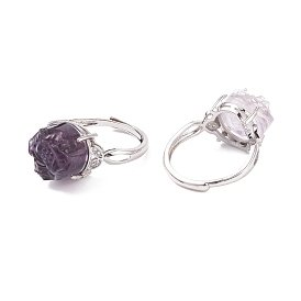 Adjustable Natural Fluorite Finger Rings, with Brass Micro Pave Cubic Zirconia Findings, Rose