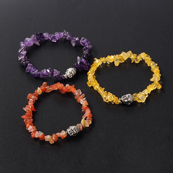 3D Buddha Head Gemstone Beaded Stretch Bracelets, with Tibetan Style Alloy Beads, 57mm