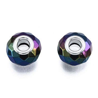 Perles européennes acryliques opaques à grand trou, avec noyaux doubles en fer plaqué couleur argent, rondelle