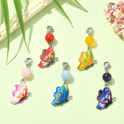 Décorations de pendentif en émail en alliage papillon, avec perles de jade naturel et de jade mashan et fermoirs mousquetons en acier inoxydable