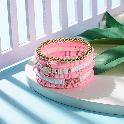 6 pcs 6 style fait à la main en argile polymère perles heishi ensemble de bracelets extensibles, bracelets surf preppy avec breloque coeur pour femme, or