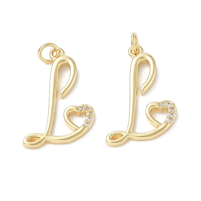 Eco-Friendly Rack Plating Brass Micro Pave Cubic Zirconia Pendants, Long-Lasting Plated, Lead Free & Cadmium Free, with Jump Ring, Capital Letter L with Heart Charm