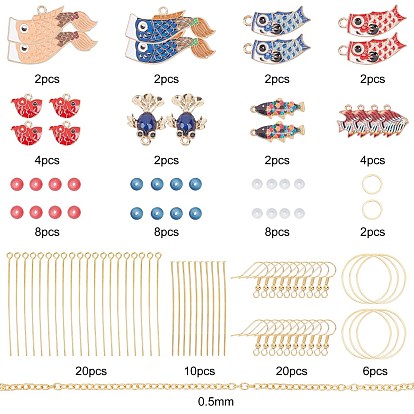 SUNNYCLUE DIY Fish Themed Earring Making Kits, Including Alloy Enamel Pendants, Frosted Glass Bead, Brass Linking Rings & Cable Chain & Earring Hook, Iron Pins