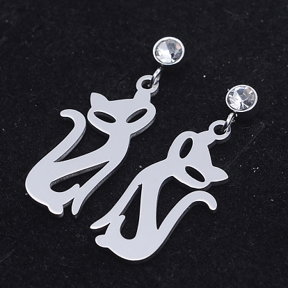 201 Stainless Steel Dangle Stud Earrings, with Clear Cubic Zirconia, Fox