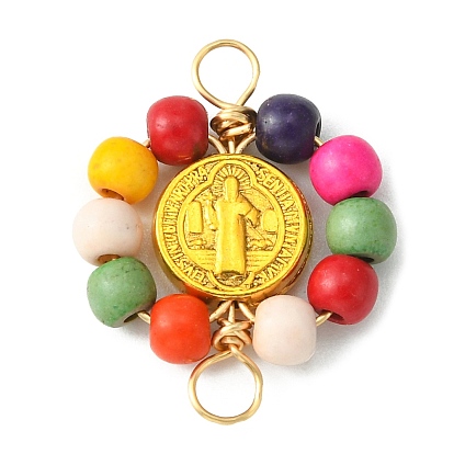 Charmes de connecteur enveloppés de fil de cuivre perlé teint turquoise synthétique, liens de tournesol, avec perles en alliage plaqué or