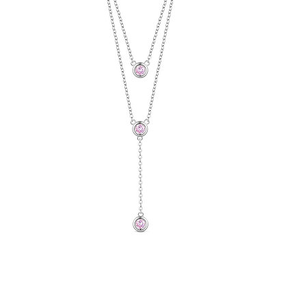 SHEGRACE 925 Sterling Silver Two-Tiered Necklaces, with Three Round Pink AAA Cubic Zirconia Pendant