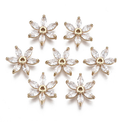 Brass Micro Pave Cubic Zirconia Beads, Flower, Long-Lasting Plated, Light Gold