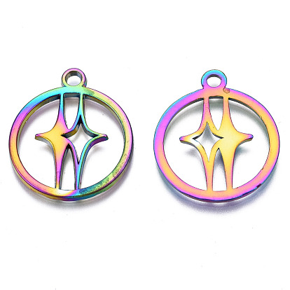 Rainbow Color Alloy Pendants, Cadmium Free & Nickel Free & Lead Free, Ring with Star