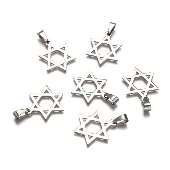 Boy Jewelry Original Color 201 Stainless Steel Pentagram Pendants, for Jewish, Star of David, 32x25x1.5mm, Hole: 4x9mm