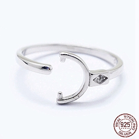 Adjustable 925 Sterling Silver Cuff Finger Ring Components, For Half Drilled Beads, with Cubic Zirconia, Clear