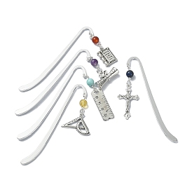 5Pcs 5 Style Cross Ruler Scroll Alloy Pendant Bookmark, Gemstone Bead Bookmarks, Hook Bookmark