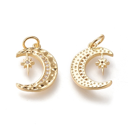 Brass Micro Pave Cubic Zirconia Pendants, Long-Lasting Plated, Moon with Star, Clear
