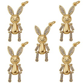 5Pcs Brass Micro Pave Clear Cubic Zirconia Pendant, Long-Lasting Plated, Rabbit