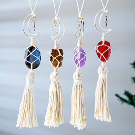 Hanging Moon Star Braided Macrame Ornaments, Tumbled Gemstone Pendant Decorations, with Cotton Tassel