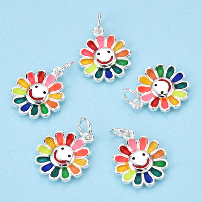 925 Sterling Silver Enamel Charms, with Jump Ring, Flower with Smile