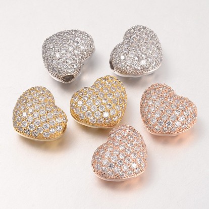 Hollow Heart Brass Micro Pave Cubic Zirconia Beads, 11x14x8mm, Hole: 3mm