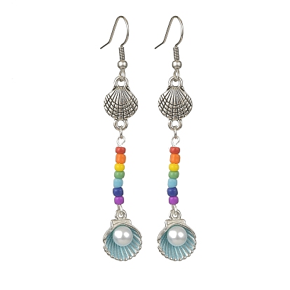 4 paire 4 coque en alliage de couleur avec boucles d'oreilles pendantes en perles d'imitation, boucles d'oreilles longues en perles de graines de verre
