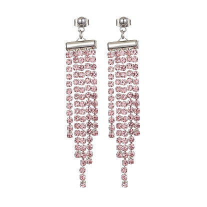 Glass Rhinestone Chains Tassel Earrings, 304 Stainless Steel Dangle Stud Earrings