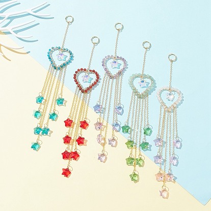 Natural Gemstone Heart Pendant Decorations, with Star Glass Beads and 304 Stainless Steel Split Rings