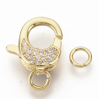 Brass Micro Pave Clear Cubic Zirconia Lobster Claw Clasps, with Jump Rings, Real 16K Gold Plated