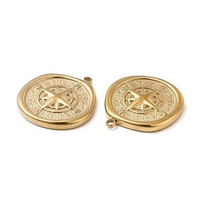Vacuum Plating 201 Stainless Steel Pendants, Flat Round with Compass Charm