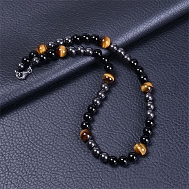 Natural Tiger Eye and Black Agate Magnetic Necklace for Men and Women