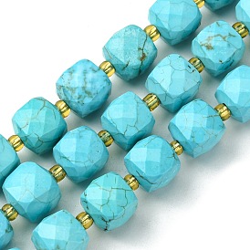 Brins de perles bleu turquoise synthétiques, avec des perles de rocaille, cube à facettes