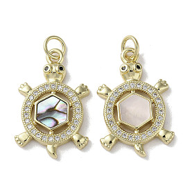 Brass Micro Pave Cubic Zirconia Pendants, Natural Shell Tortoise Charms with Jump Ring, Real 18K Gold Plated