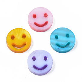 Natural Freshwater Shell Beads, Dyed, Flat Round with Smile Face