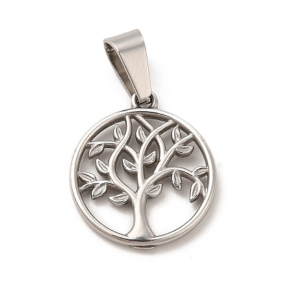 Vacuum Plating 304 Stainless Steel Pendants, Flat Round with Tree of Life Charms