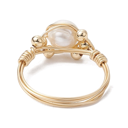Anillos estilo cuentas trenzadas redondas de perlas naturales, anillo de dedo con envoltura de alambre de latón