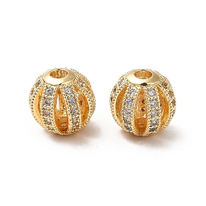 Brass Micro Pave Cubic Zirconia Beads, Real 18K Gold Plated, Hollow Round