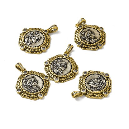 Rack Plating Brass Micro Pave Clear Cubic Zirconia Pendants, Cadmium Free & Lead Free & Nickle Free, Flat Round with Greece Coin Charm