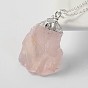 Natural Bezel Raw Rough Gemstone Rose Quartz Pendant Necklaces, with Brass Chains and Spring Ring Clasps, 18 inch 