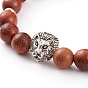 Bracelets extensibles ronds en bois naturel, avec des perles de tête de lion en alliage et 304 des perles d'espacement en acier inoxydable