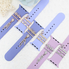 Alloy Rhinestone Watch Band Charms Set, Watch Band Decorative Ring Loops, Flower/Heart
