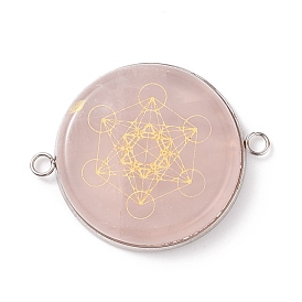 Charmes de connecteur de quartz rose naturel, avec teinte de couleur acier inoxydable 304 apprêts en acier inoxydable, plat rond avec motif de cercle magique
