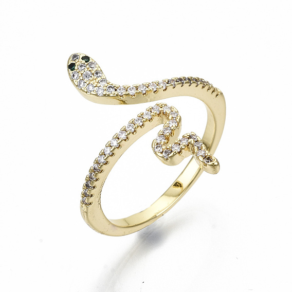 Brass Micro Pave Clear Cubic Zirconia Cuff Rings, Open Rings, Wide Band Rings, Cadmium Free & Nickel Free & Lead Free, Snake