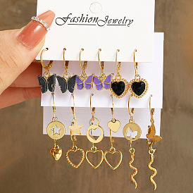Black Acrylic Butterfly Earrings - Fashionable Heart-shaped Studs, 9-piece Set