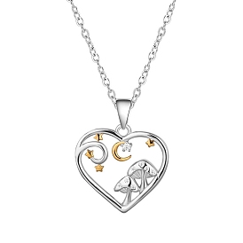 Clear Cubic Zirconia Heart with Mushroom Pendant Necklace, Two Tone 925 Sterling Silver Jewelry for Women
