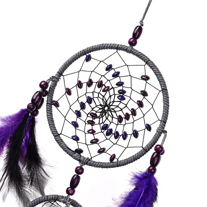 Toile/filet tissé en fer avec des décorations de pendentifs en plumes, avec des perles en bois  , cordon de cire recouvert, plat rond