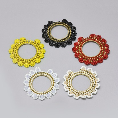 Handmade Woven Pendants, with Glass Beads and Golden Tone 304 Stainless Steel Findings, Flower
