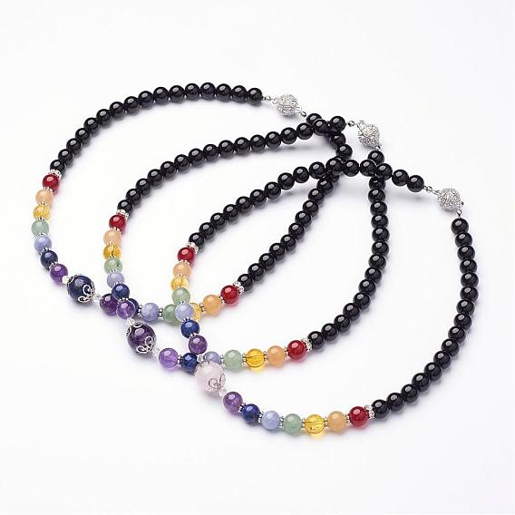 Pierres précieuses mixte colliers de perles, avec des entretoises de talon d'alliage et des fermoirs magnétiques strass