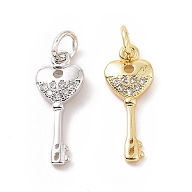 Brass Micro Pave Cubic Zirconia Pendants, with Jump Ring, Heart Key Charm