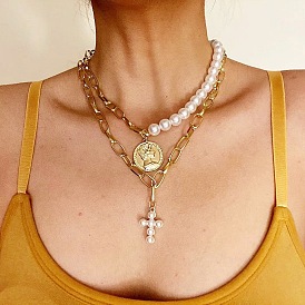 Cross Pendant Pearl Choker Necklace - Elegant European Style Jewelry for Women
