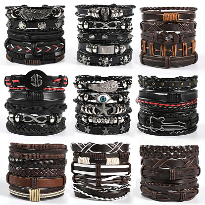 Multi-Strand Layer Leather Bracelet Sets, Metal Skull Bracelet,