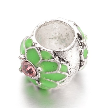 Barrel with Flower Alloy Enamel European Beads, Large Hole Beads, with Rhinestones, Antique Silver, 8x9x11mm, Hole: 5mm