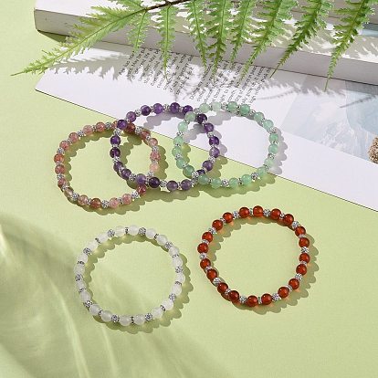 Round Natural Malaysia Jade Bead Stretch Bracelets, Brass Grade A Rhinestone Beaded Bracelets for Women