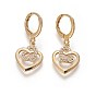Brass Dangle Hoop Earrings, with Micro Pave Cubic Zirconia, Heart