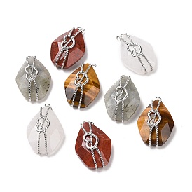 Natural Mixed Gemstone Pendants, Faceted Rhombus Charm, with 304 Stainless Steel Heart Findings, Mixed Dyed and Undyed